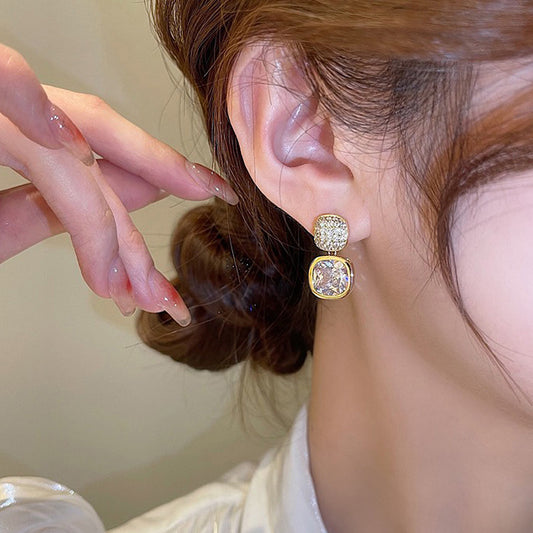 Korean Zircon Crystal Earrings - Golden